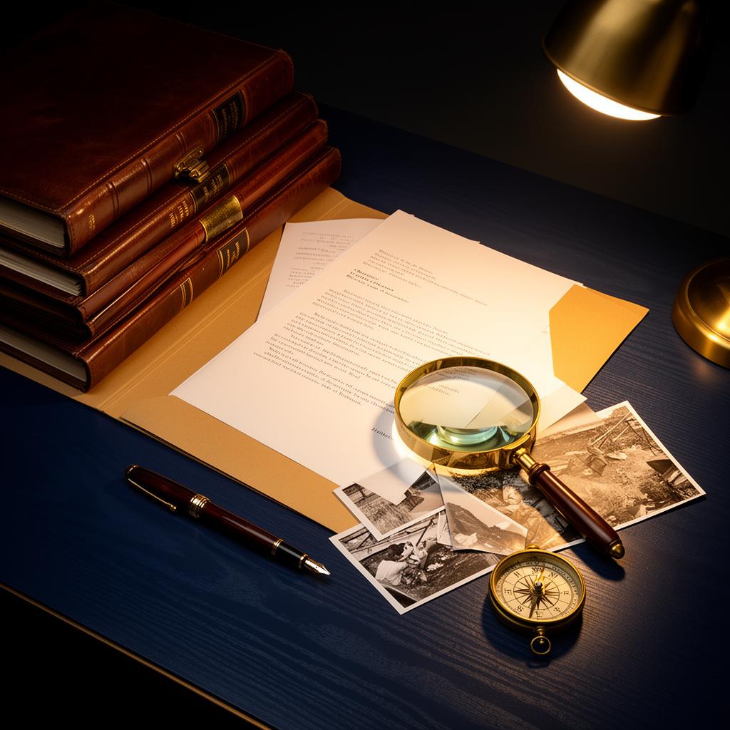 Investigator's desk with case files, magnifying glass, and legal documents