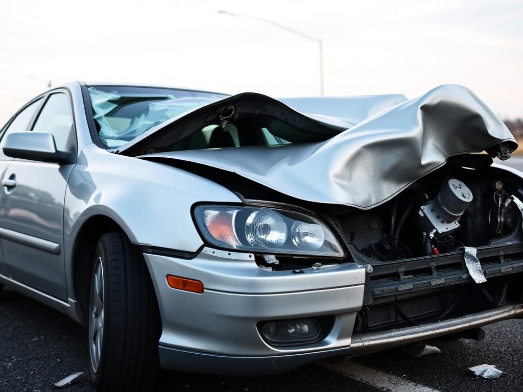 Wrecked sedan after a highway collision